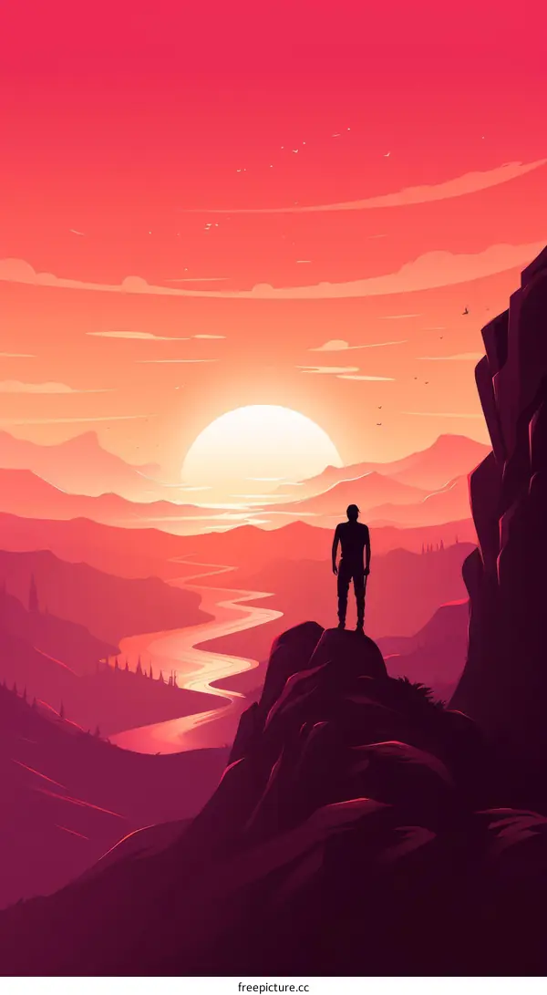 Man on a Mountaintop Overlooking a River and Valley at Sunset