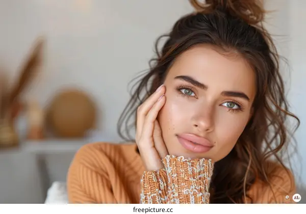 portrait of a beautiful young woman with green eyes and brown hair