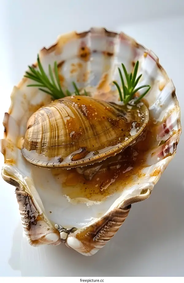 A close-up image of a clam with rosemary on a white plate