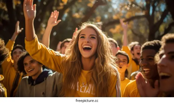 Cheerleading Crowd of High School Students at a Football Game