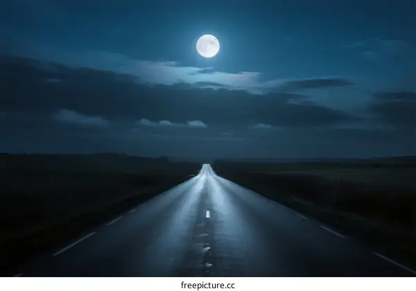 A Long Road Under the Bright Full Moon at Night