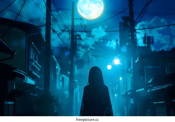 Silhouette of a Woman Walking Alone in a Japanese Alleyway Under the Full Moon