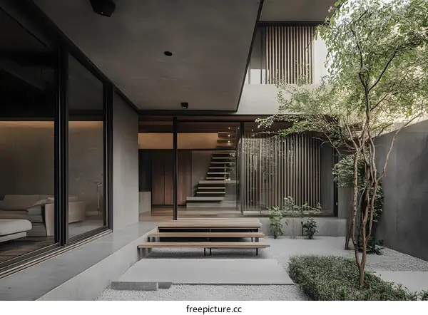 Minimalist Modern Architecture Design  Exterior  Grey Concrete Walls Wooden Stairs  Zen Garden