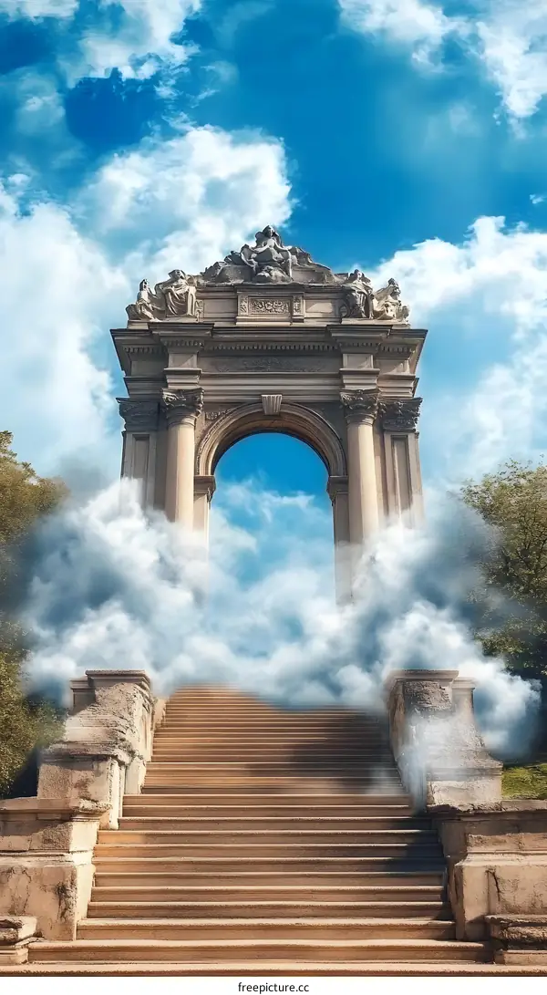 Stone Archway Leading to Heaven with Clouds