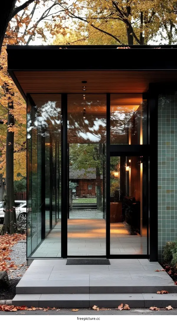 Modern Glass Entranceway of a House with Autumn Colors