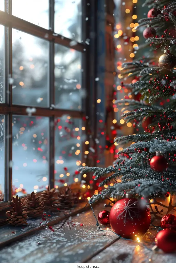 Christmas Tree with Red and Gold Ornaments by the Window
