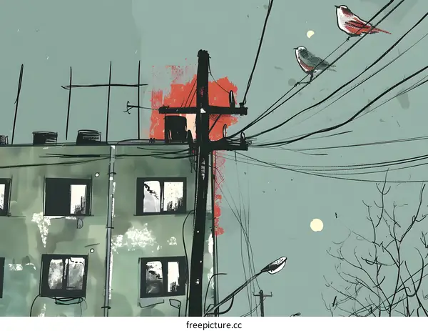 Two Birds On A Wire With A Building