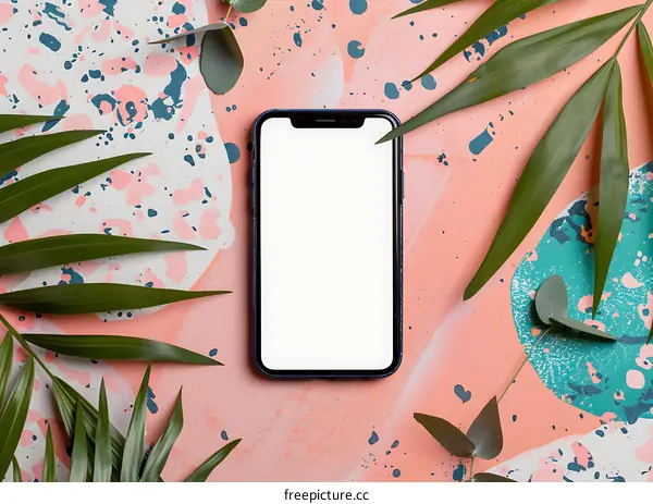Flat Lay Smartphone Mockup with Green Leaves on Pink Background