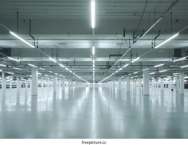 Empty Warehouse With Fluorescent Lights