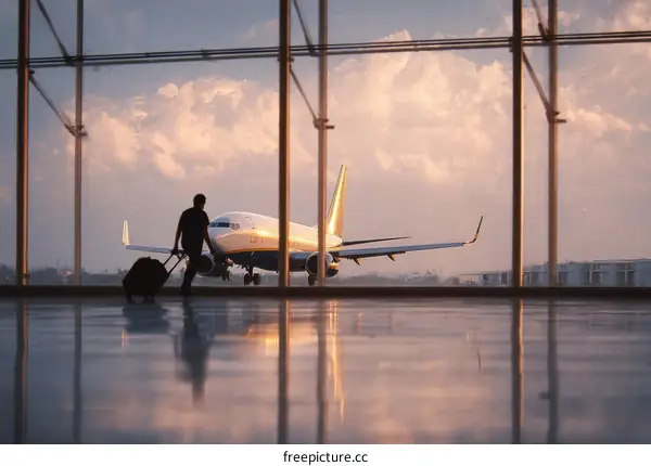 A man walking with suitcase in airport terminal during sunset