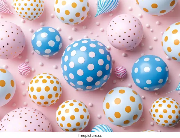 Colorful polka dot balls on pink background