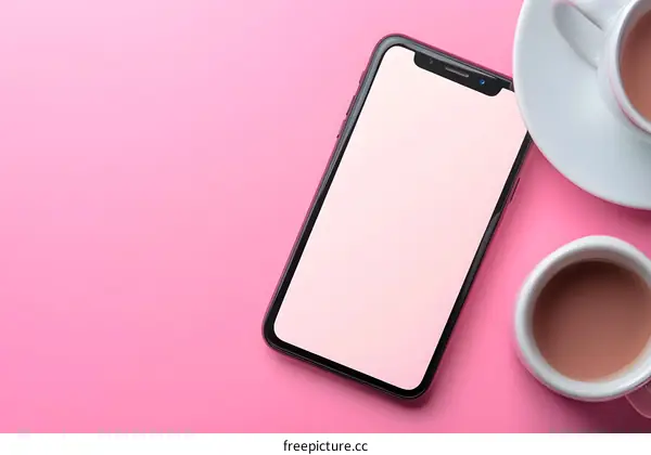 Pink Background with Smartphone and Coffee Cups