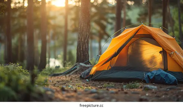 Camping Tent in Orange and Green Forest