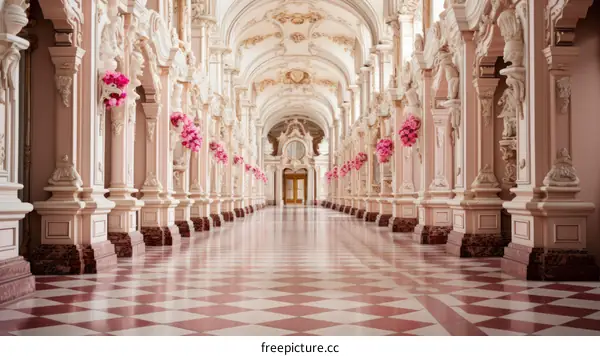Pink flowers line the aisle of a grand hall
