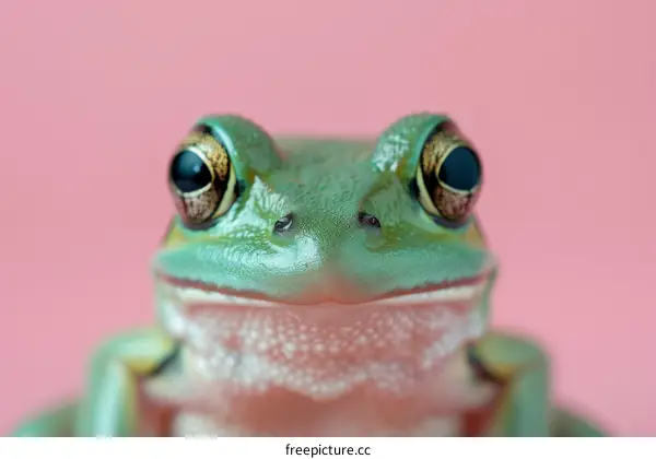 A Green Tree Frog on a Pink Background