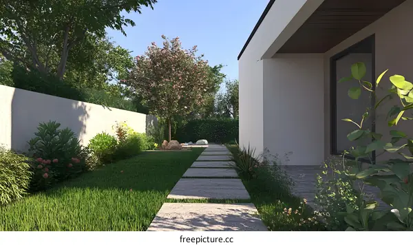 Modern Backyard Garden Design with Stone Path and Lush Greenery