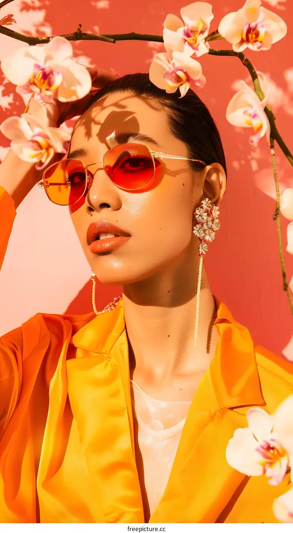 Woman with Orange Sunglasses and Yellow Satin Jacket Posing Against a Pink Background