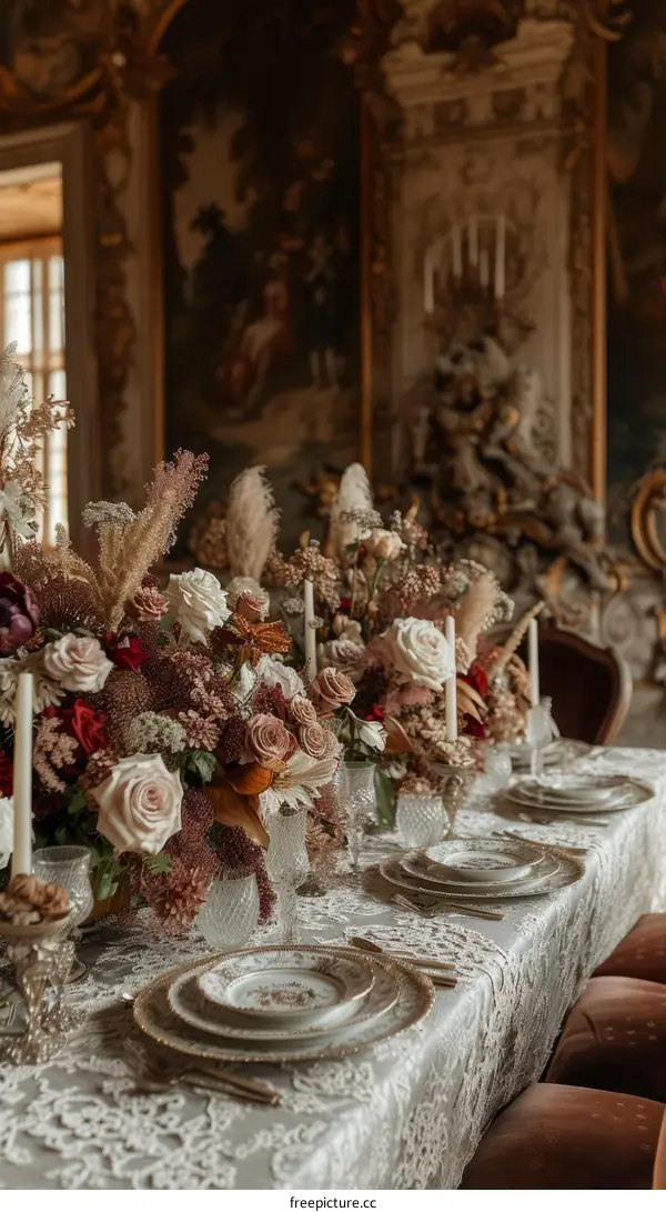 Lavish wedding table with opulent floral arrangements