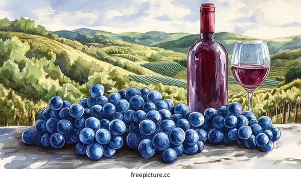 Watercolor Painting of Grapes Wine Bottle and Glass