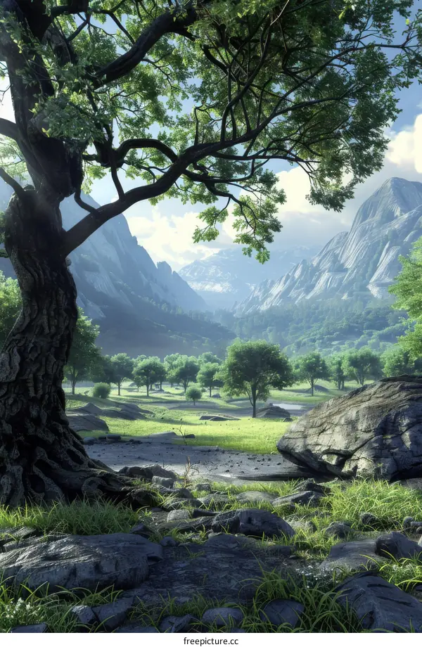 Fantasy Landscape with Majestic Mountains and Verdant Forests