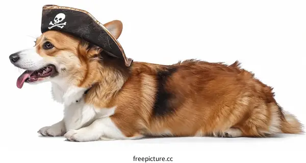 A cute corgi dog wearing a pirate hat