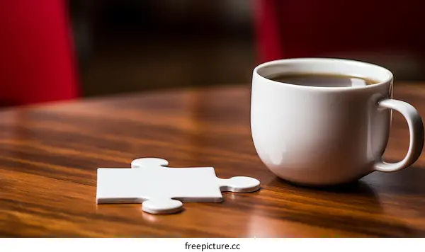 A cup of coffee and a puzzle piece on a wooden table