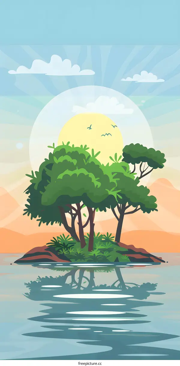 Cartoon Illustration of a Small Island with Trees in a Lake