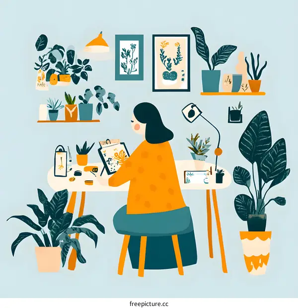 Woman Drawing in a Cozy Home Studio Surrounded by Plants