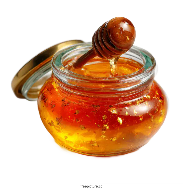 [Transparent Background PNG]Gold Honey in Glass Jar with Wooden Dipper