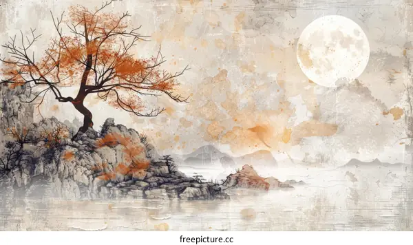 Tranquil Autumn Landscape with Mountain, Tree, and Moon