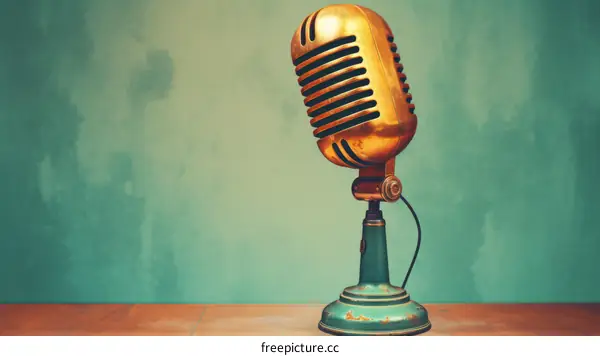 gold retro microphone on green background