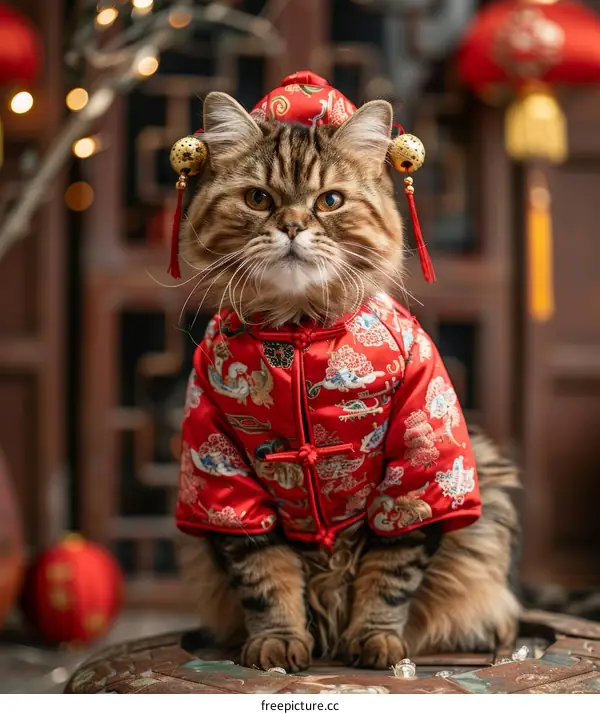 A cat wearing a red Chinese traditional costume is sitting on a table.
