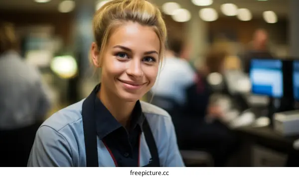 Portrait of a young blonde woman in a blue shirt smiling