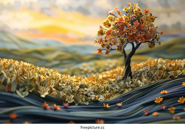 Surreal Landscape with a Tree of Flowers