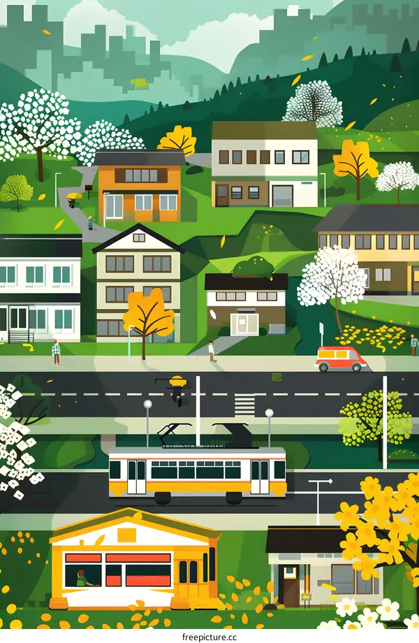 Springtime in the Suburbs, Illustration of a Town with Houses and Trees