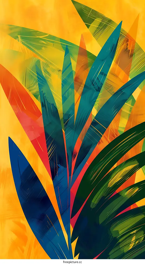 Abstract Tropical Leaves Painting With Yellow Background