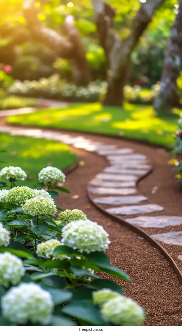 Stone path through a lush garden