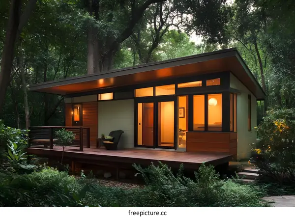 Modern Cabin with Large Windows in a Forest Setting