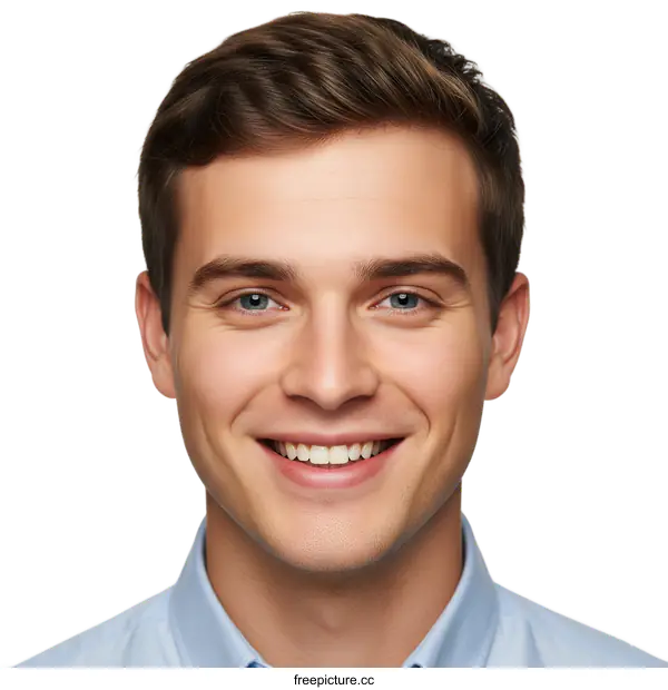 [Transparent Background PNG]Smiling young man with short brown hair wearing a light blue shirt