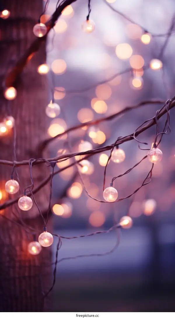 Small light bulbs hanging on a tree branch