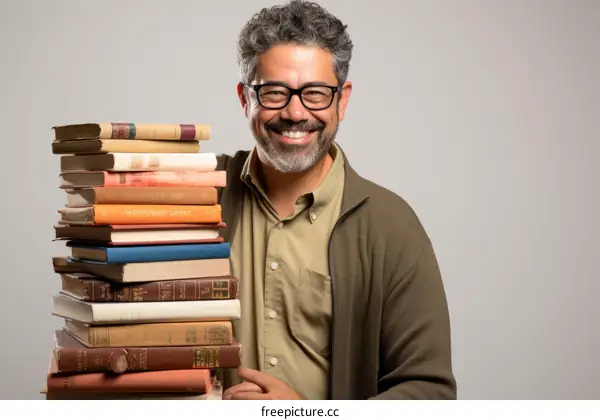 Portrait of a smiling man with a stack of books