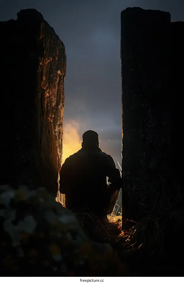 Man sitting in between rocks watching a fire he made