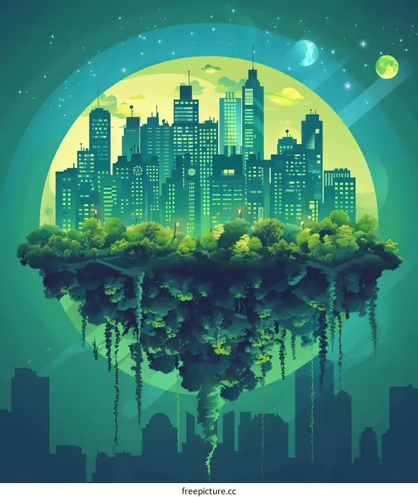 Floating City Illustration With Green Trees and Night Sky