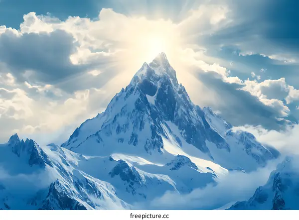 Majestic Mountain Peak With Sun Shining Through Clouds