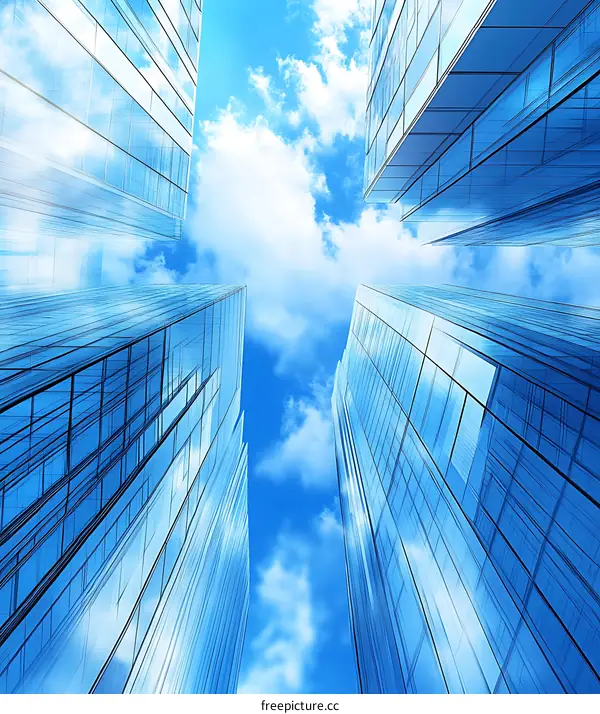 Blue Sky View Looking Up at Modern Skyscrapers