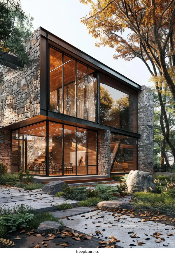 Modern Luxury Home with Stone Walls and Large Glass Windows