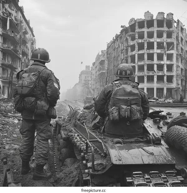 Two American soldiers viewing the destruction in Berlin, Germany, 1945