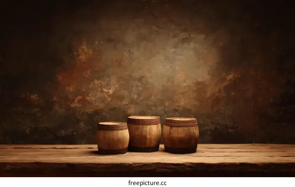 Vintage Wooden Barrels on Rustic Wooden Tabletop