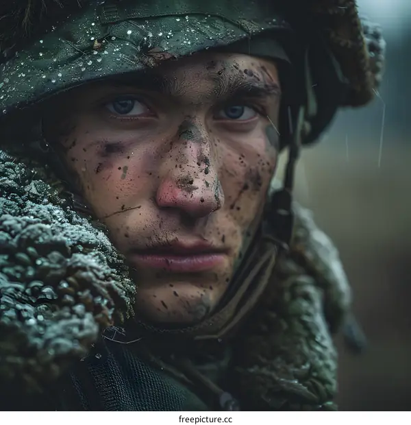 Portrait of a young soldier with mud on his face