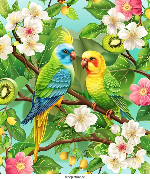 Two Colorful Parrots Perched on Branch of a Flower Tree